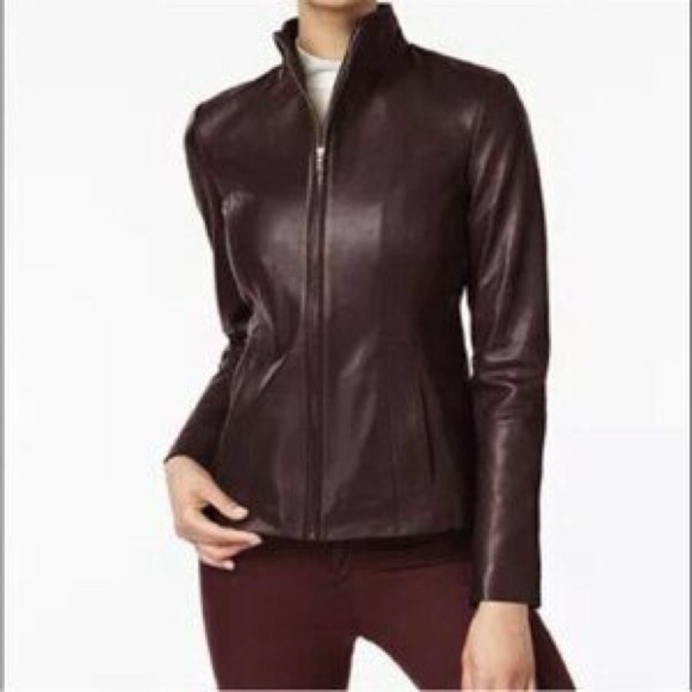 Cole Haan Wing Collar Lamb Skin Leather Jacket Sz-M
